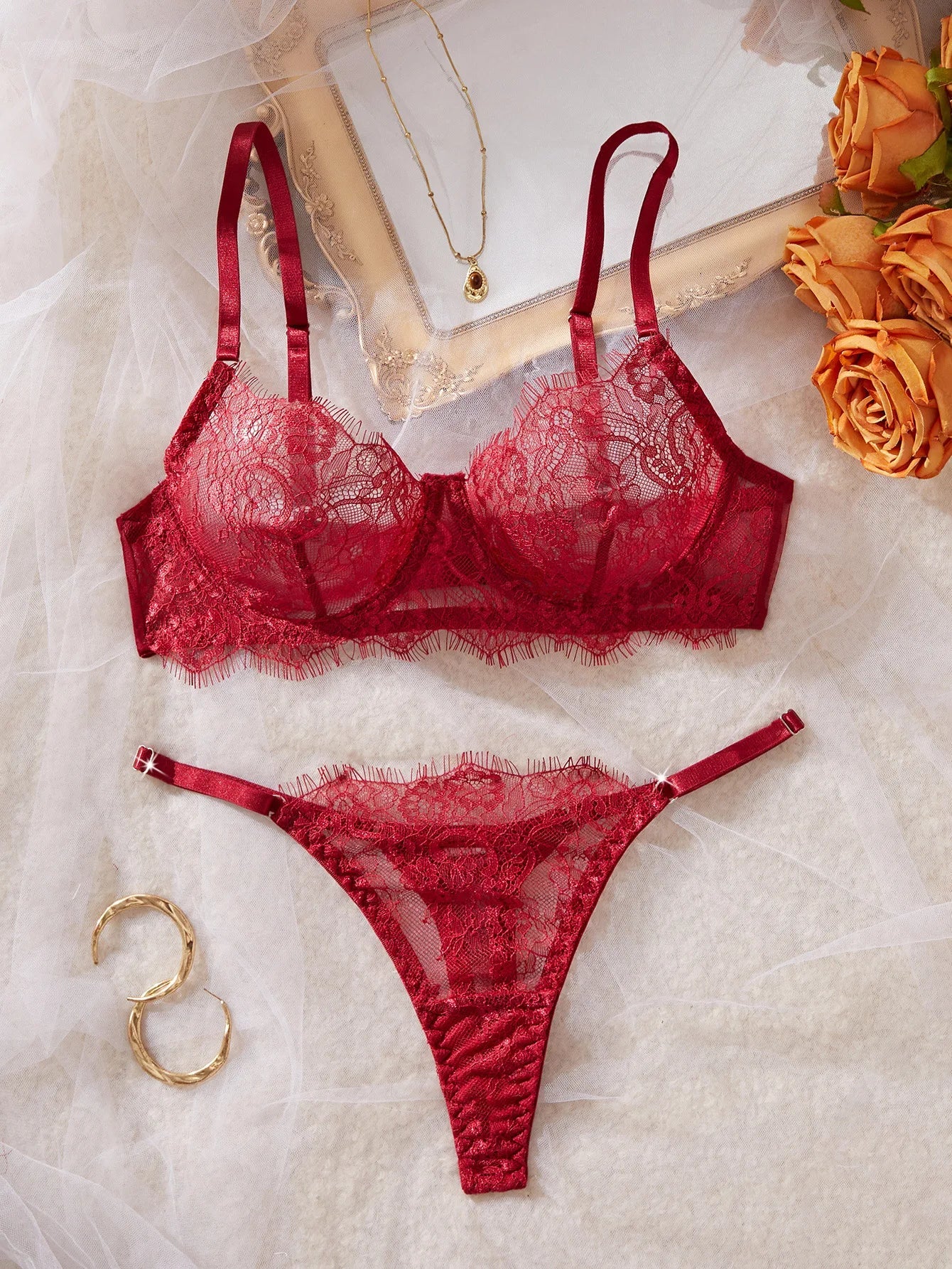 See Through Eyelash Lace Thin Bra Thongs Black Floral Pattern Charming Stunning Attractive Alluring Lingerie Set
