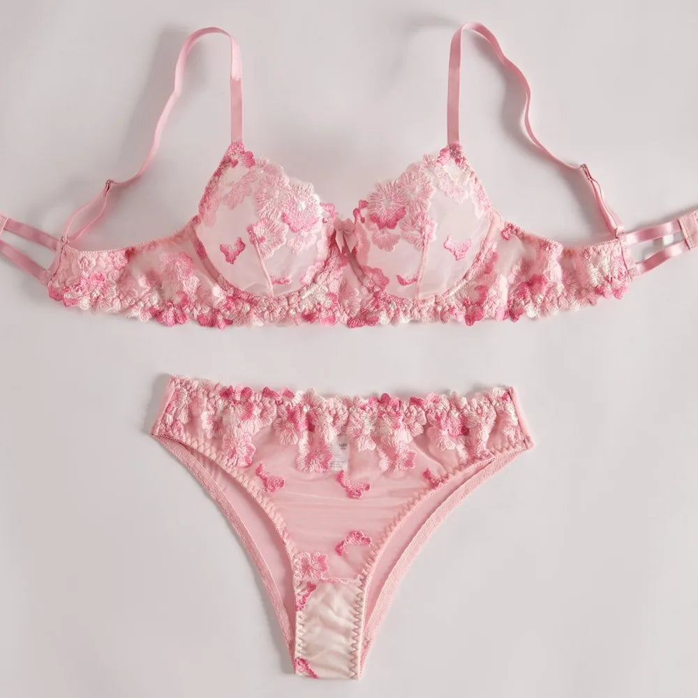 See Through Floral Embroidery Lace Bras Pure Girl Erotic Seductives Underwearss Clothings Seduct Lingerie Set