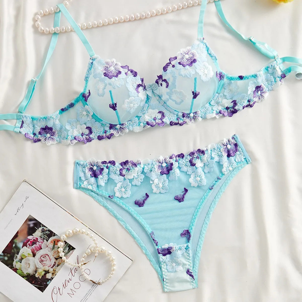 See Through Floral Embroidery Lace Bras Pure Girl Erotic Seductives Underwearss Clothings Seduct Lingerie Set