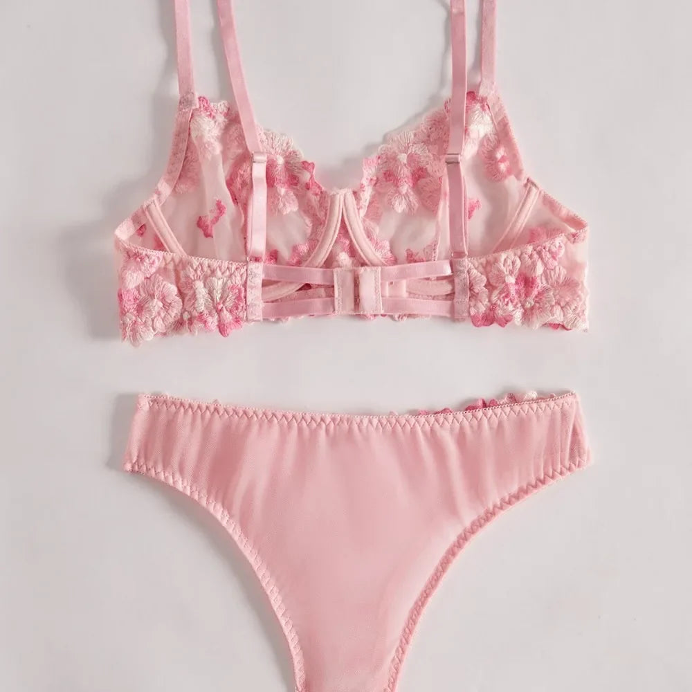 See Through Floral Embroidery Lace Bras Pure Girl Erotic Seductives Underwearss Clothings Seduct Lingerie Set