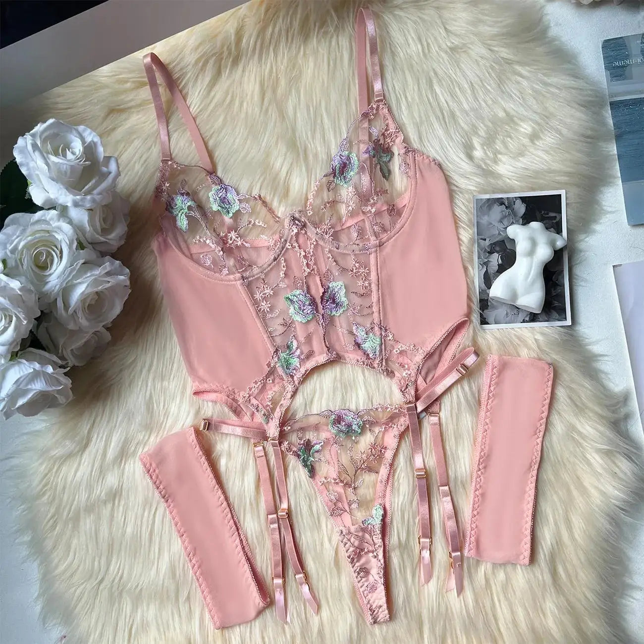 See Through Lingerie Set Sheer Mesh Corset Bra Belt Erotic Underwear Bridal Night Couple Roleplay Lace Thong