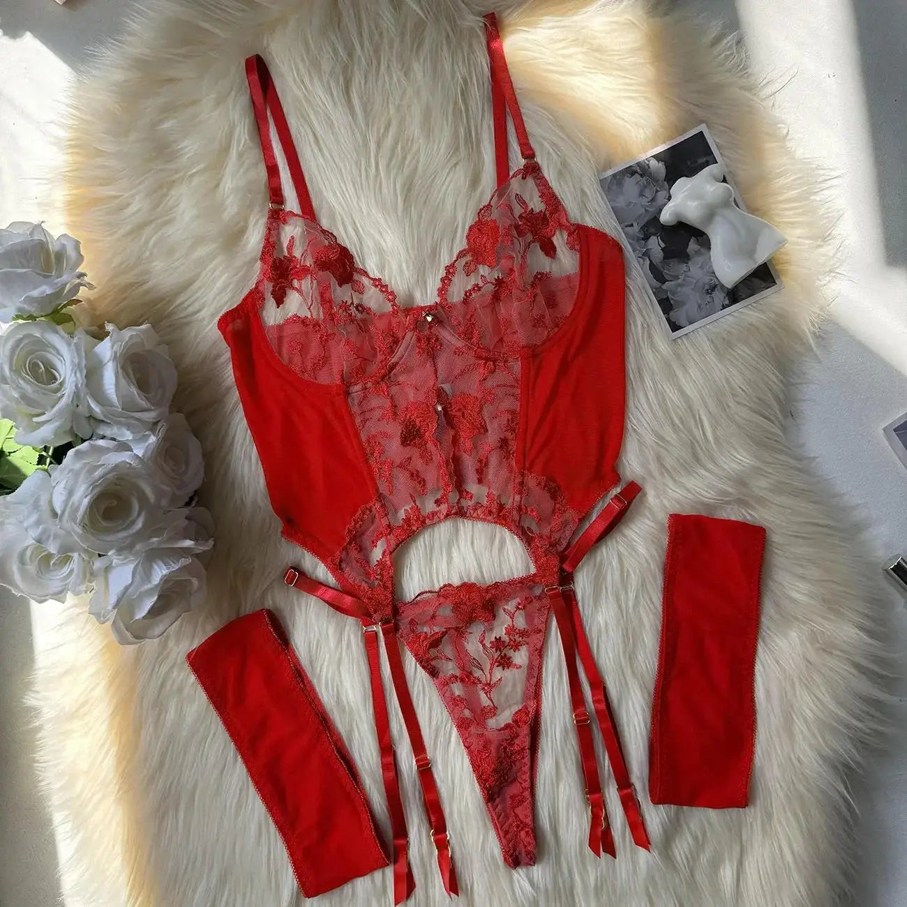 See Through Lingerie Set Sheer Mesh Corset Bra Belt Erotic Underwear Bridal Night Couple Roleplay Lace Thong