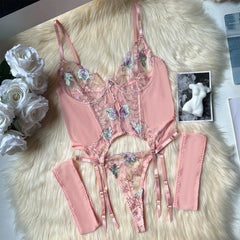 See Through Lingerie Set Sheer Mesh Corset Bra Belt Erotic Underwear Bridal Night Couple Roleplay Lace Thong