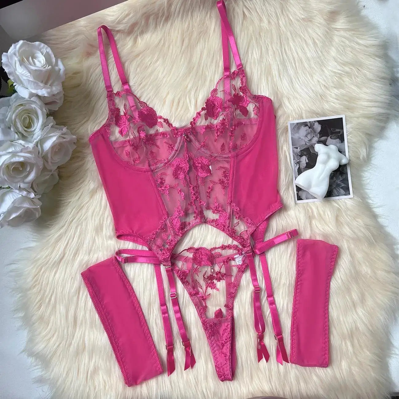 See Through Lingerie Set Sheer Mesh Corset Bra Belt Erotic Underwear Bridal Night Couple Roleplay Lace Thong
