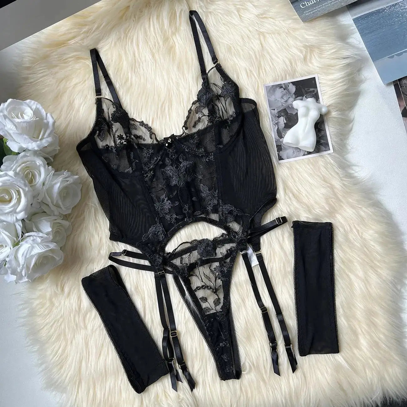 See Through Lingerie Set Sheer Mesh Corset Bra Belt Erotic Underwear Bridal Night Couple Roleplay Lace Thong