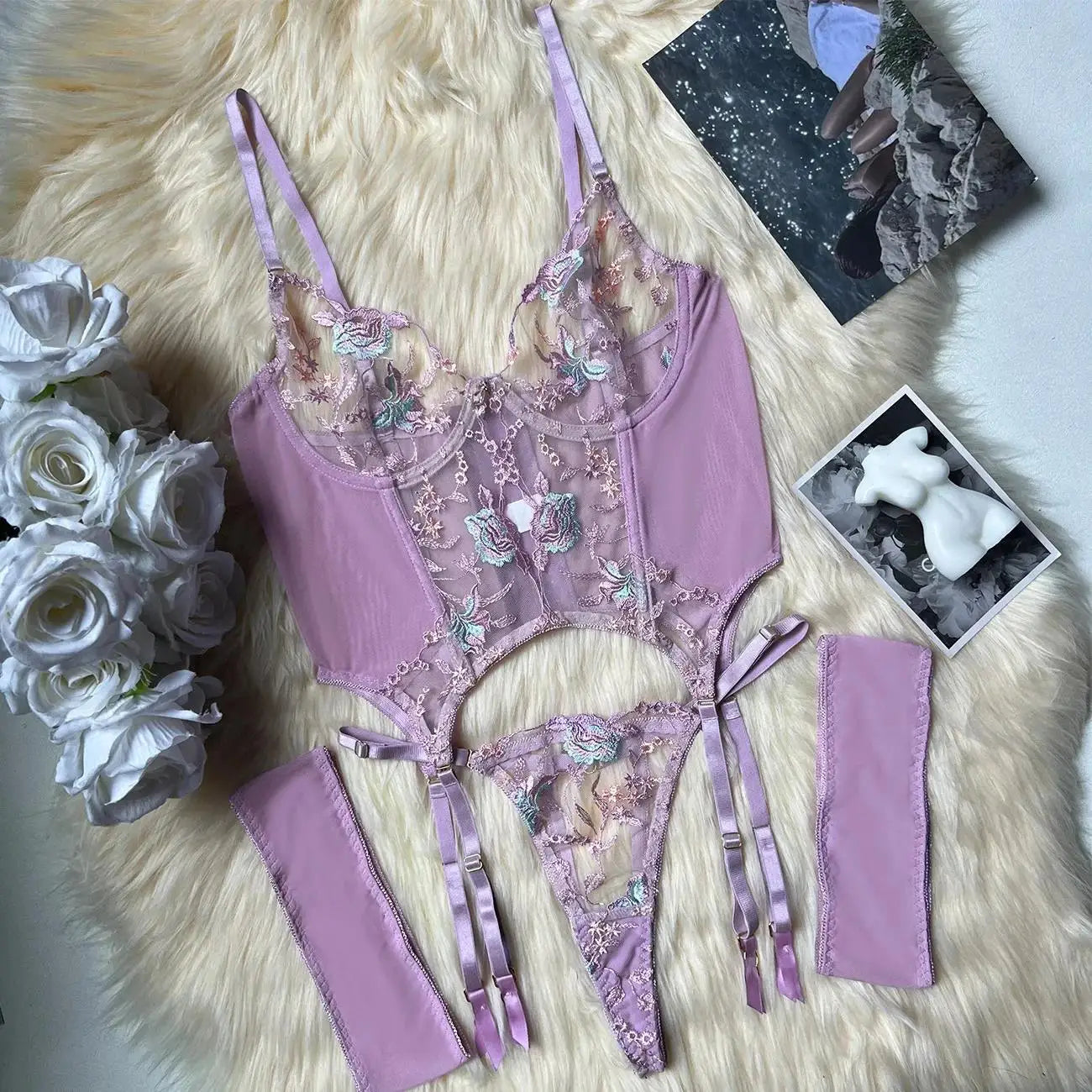 See Through Lingerie Set Sheer Mesh Corset Bra Belt Erotic Underwear Bridal Night Couple Roleplay Lace Thong