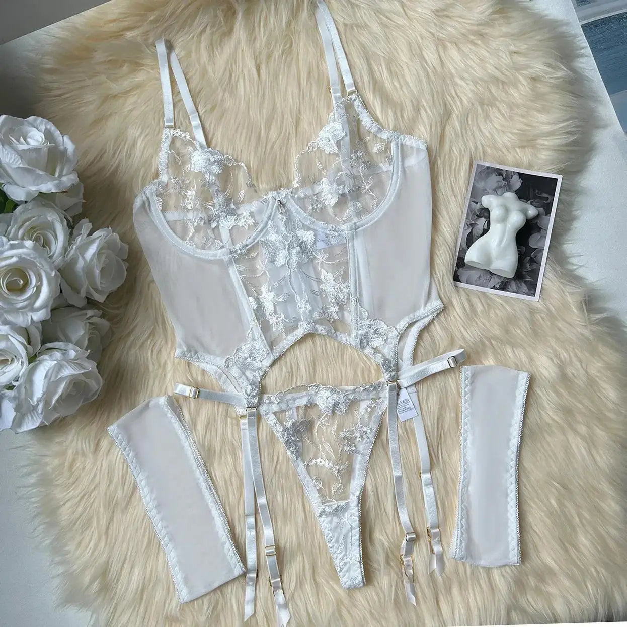 See Through Lingerie Set Sheer Mesh Corset Bra Belt Erotic Underwear Bridal Night Couple Roleplay Lace Thong