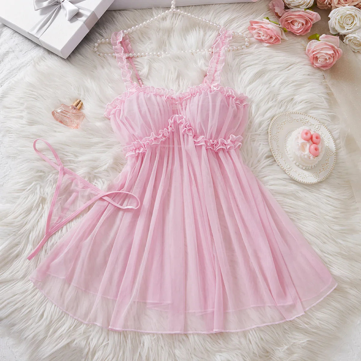 Semi Transparent Nightgown, Suspender, Seductive Clothing, Mature Erotic Lingerie With Thongs Evening Nightdress