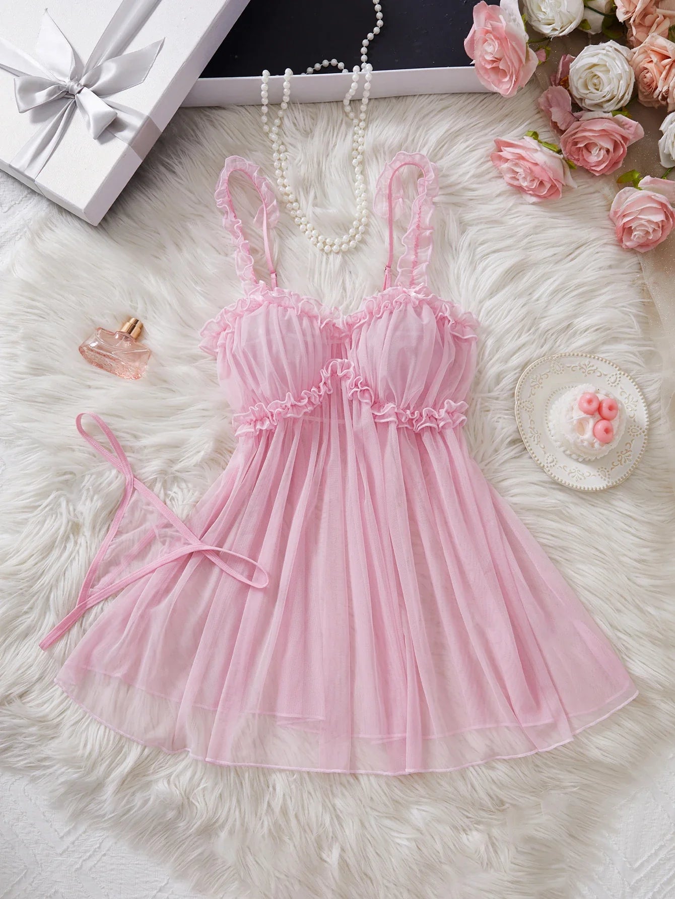 Semi Transparent Nightgown, Suspender, Seductive Clothing, Mature Erotic Lingerie With Thongs Evening Nightdress