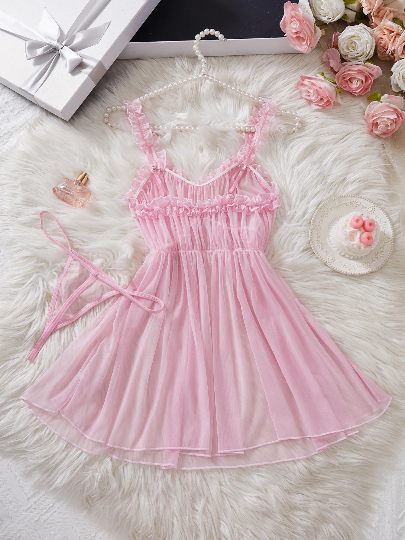 Semi Transparent Nightgown, Suspender, Seductive Clothing, Mature Erotic Lingerie With Thongs Evening Nightdress