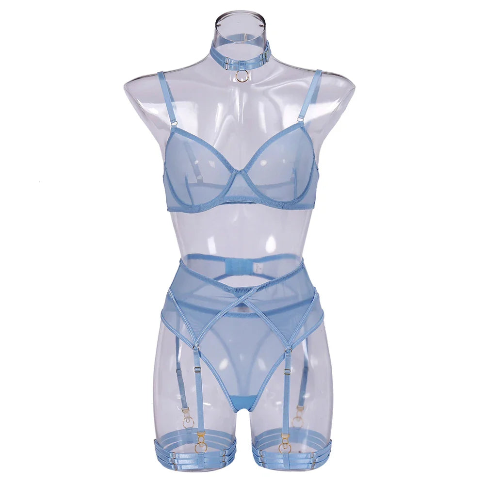 Sensual Lingerie Transparent Bras Set Mesh Patchwork See Through Exotics Bras Thong Sets