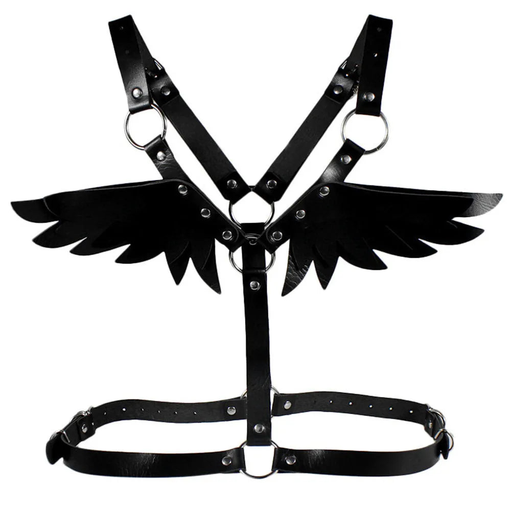 Black Angel Wings Leather Harness Goth Punk Body Chain Binding Straps  Harness Belt Cosplay Accessories