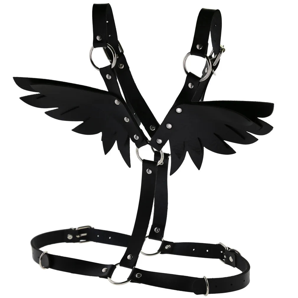 Black Angel Wings Leather Harness Goth Punk Body Chain Binding Straps  Harness Belt Cosplay Accessories