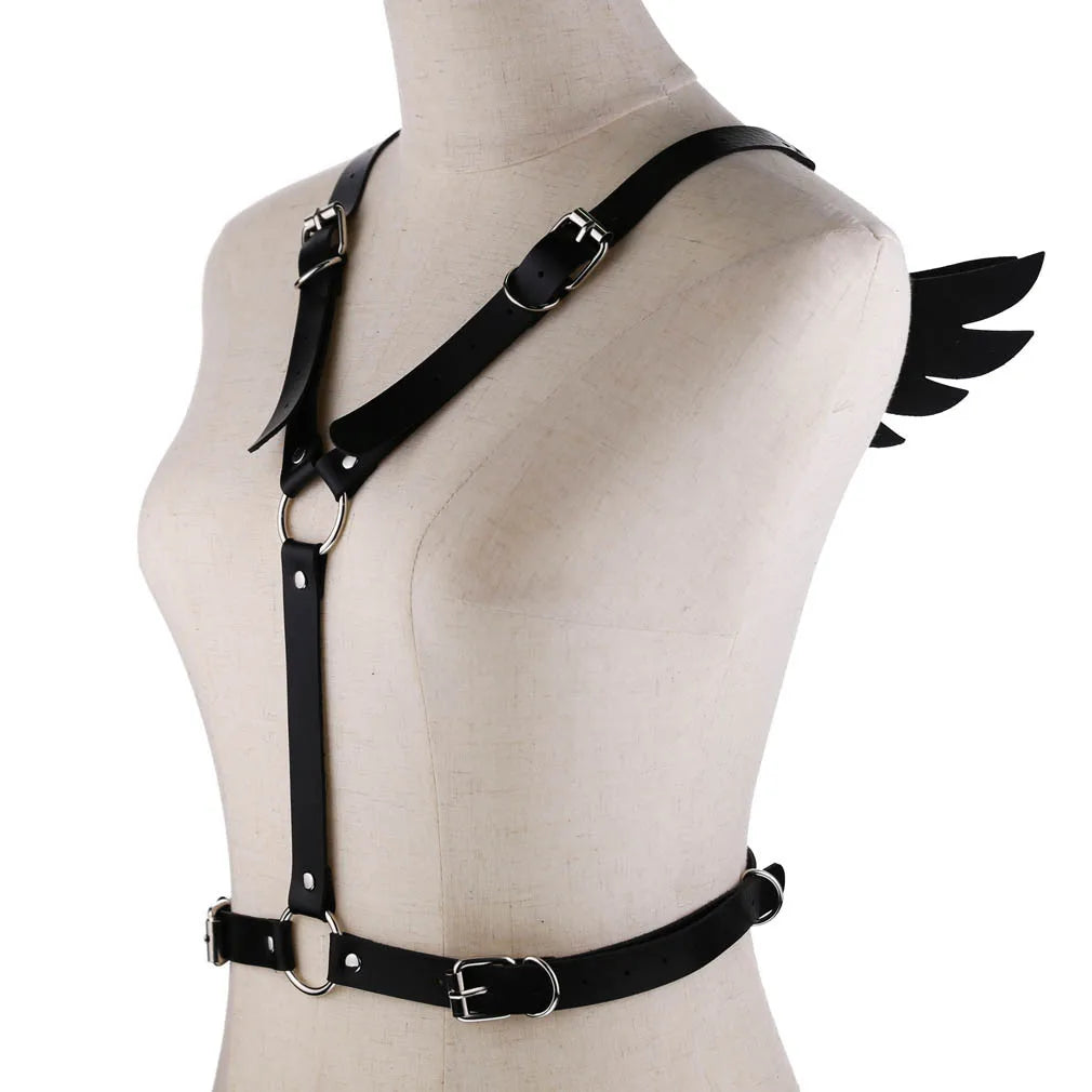 Black Angel Wings Leather Harness Goth Punk Body Chain Binding Straps  Harness Belt Cosplay Accessories