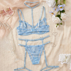 Blue Bowknot Hollow Out Ultra Thin Lace Bra