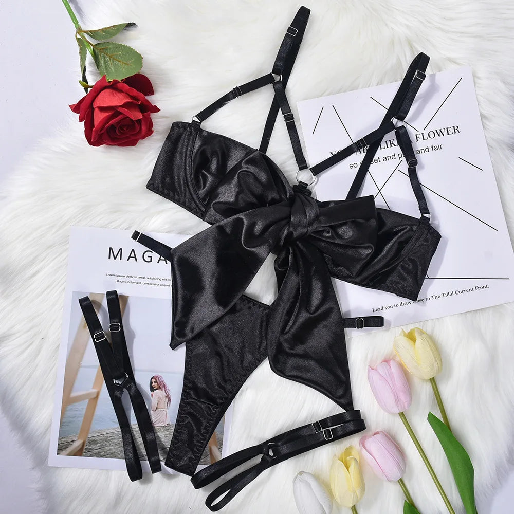 Bowknot Lingerie Sets 3 Piece Lace Up Open Bra Panty with Hollow Out Underwire Erotic Underwear Bilizna Set