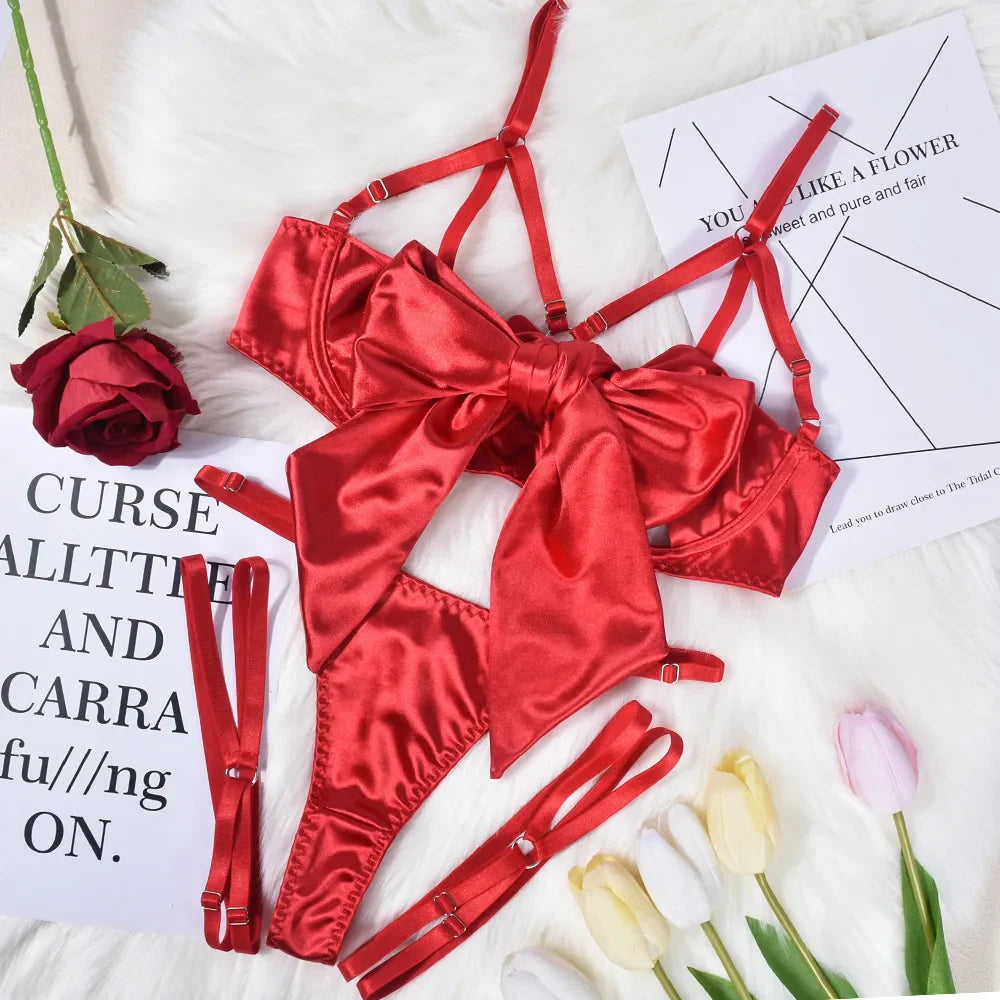 Bowknot Lingerie Sets 3 Piece Lace Up Open Bra Panty with Hollow Out Underwire Erotic Underwear Bilizna Set