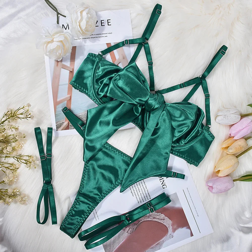Bowknot Lingerie Sets 3 Piece Lace Up Open Bra Panty with Hollow Out Underwire Erotic Underwear Bilizna Set