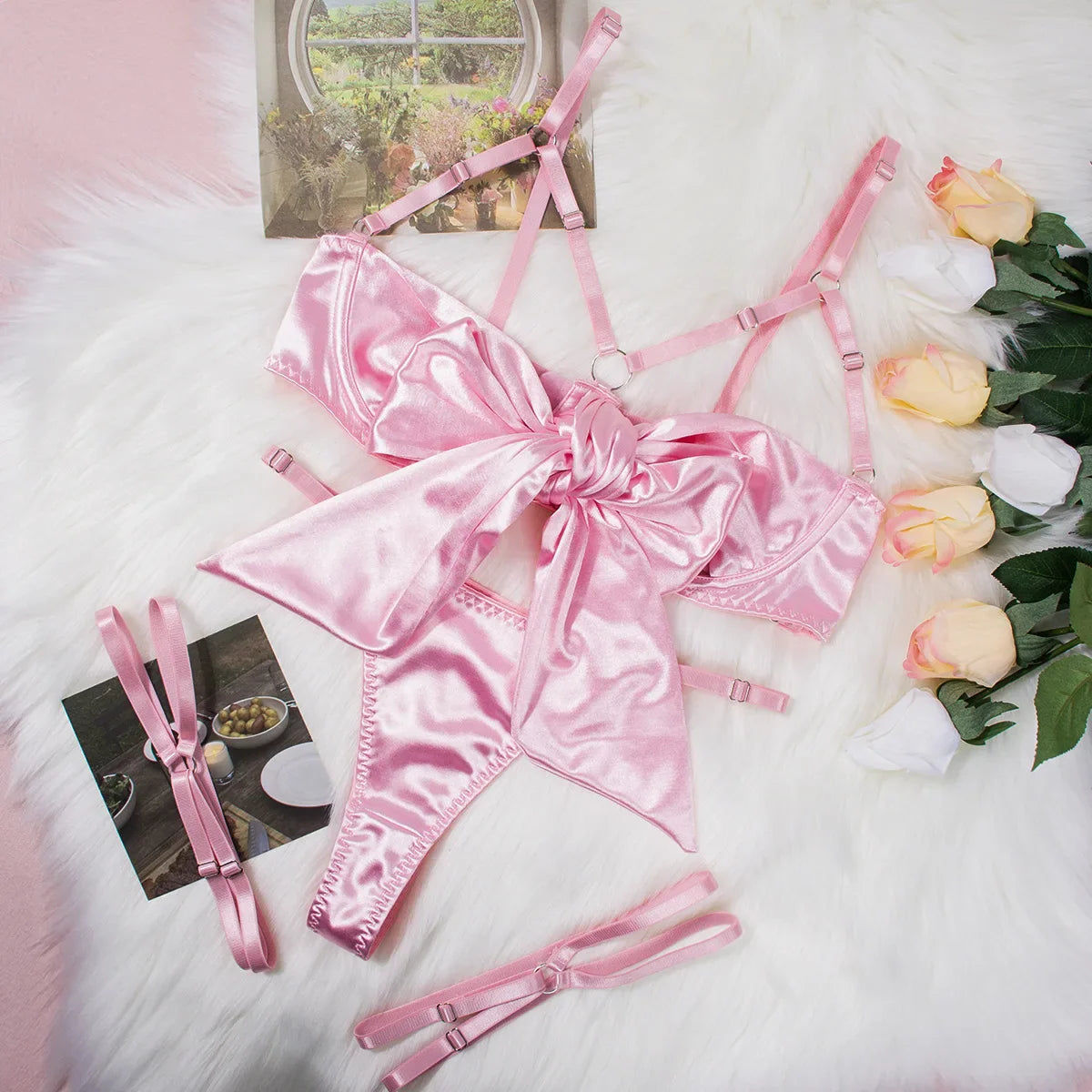 Bowknot Lingerie Sets 3 Piece Lace Up Open Bra Panty with Hollow Out Underwire Erotic Underwear Bilizna Set