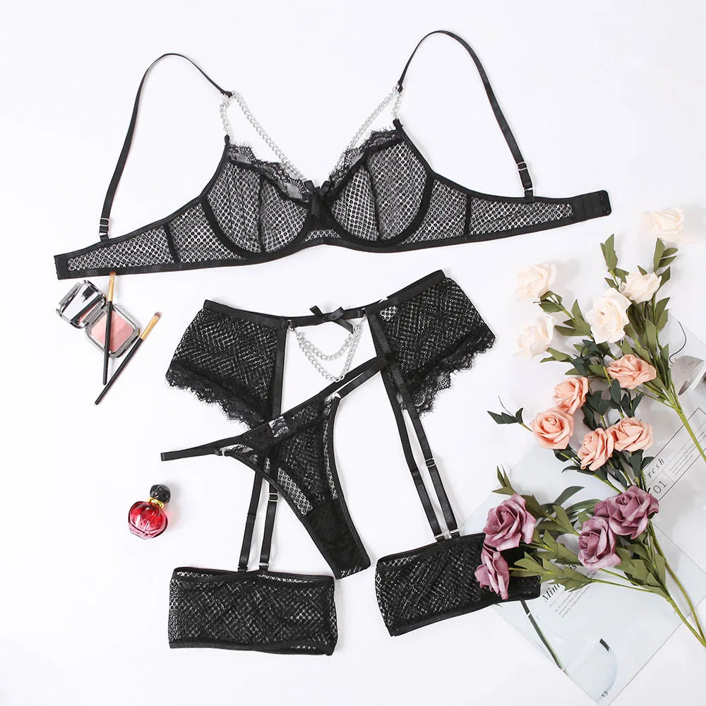 Bra And Panty set Exotic Costumes Sensual Transparent Lace Erotic Porn Goth Mesh Outfit and Briefs