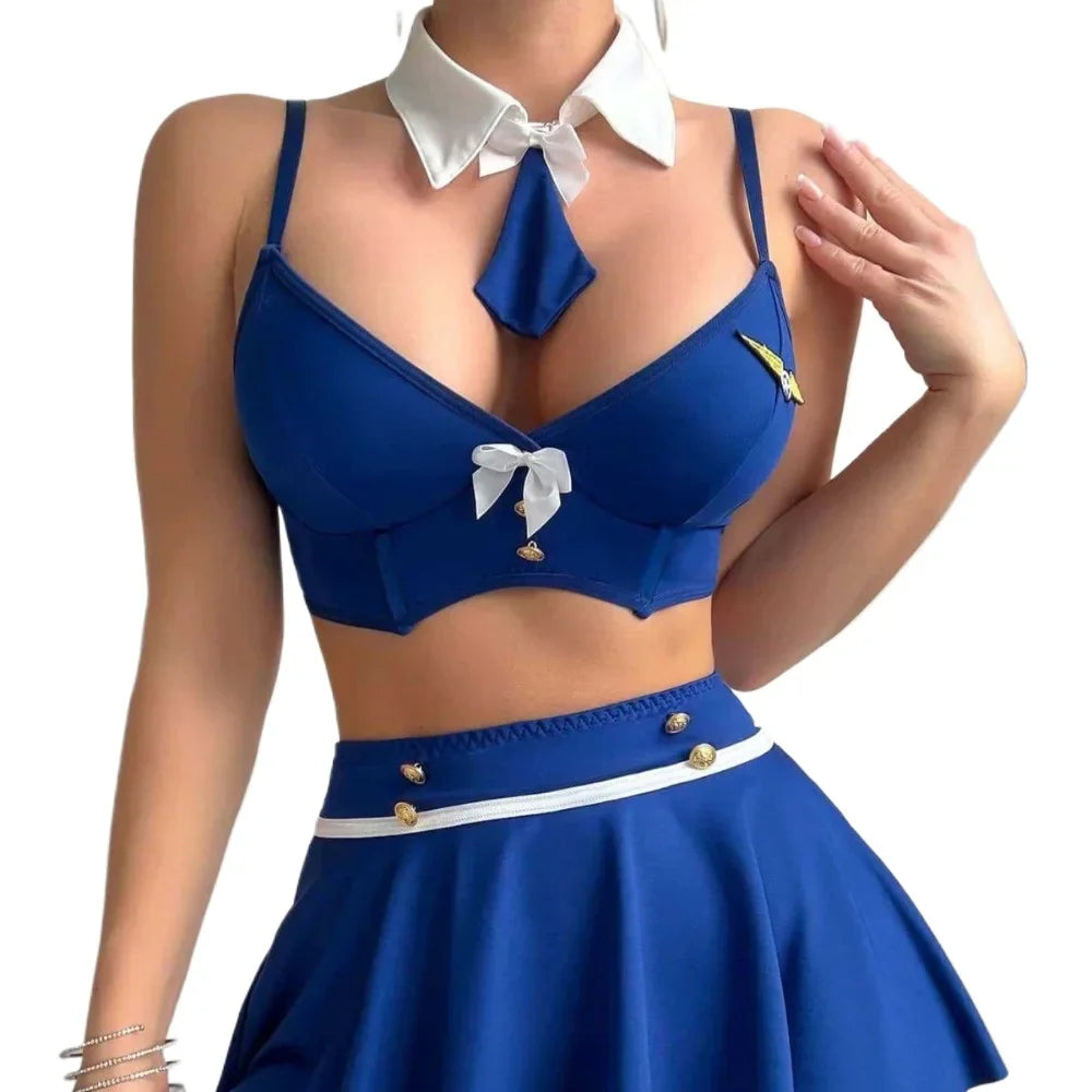 Cosplay Underwear Role Play Halter Backless Cross Strap Hollow Out Mesh Skirt Sailor Uniform Lingerie Set