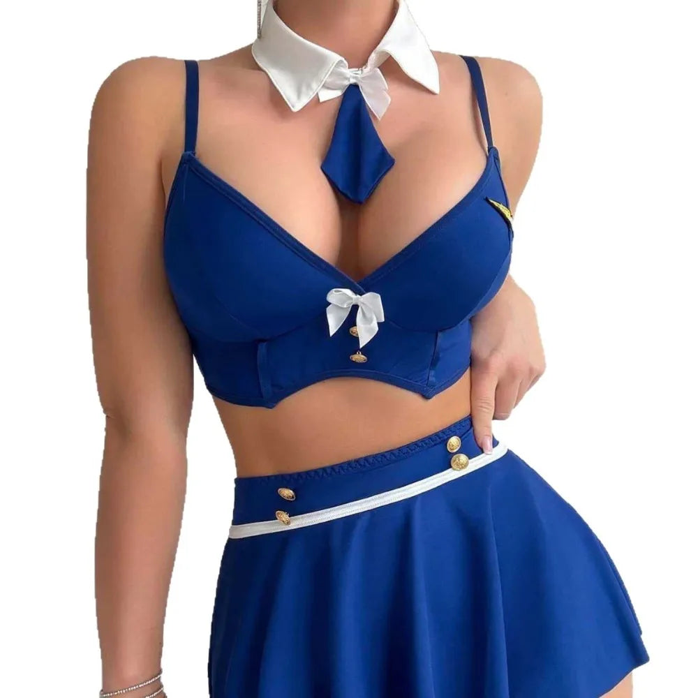 Cosplay Underwear Role Play Halter Backless Cross Strap Hollow Out Mesh Skirt Sailor Uniform Lingerie Set