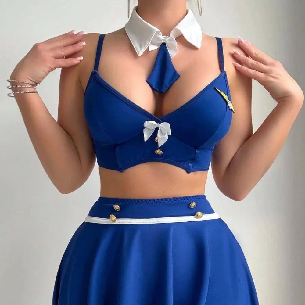 Cosplay Underwear Role Play Halter Backless Cross Strap Hollow Out Mesh Skirt Sailor Uniform Lingerie Set