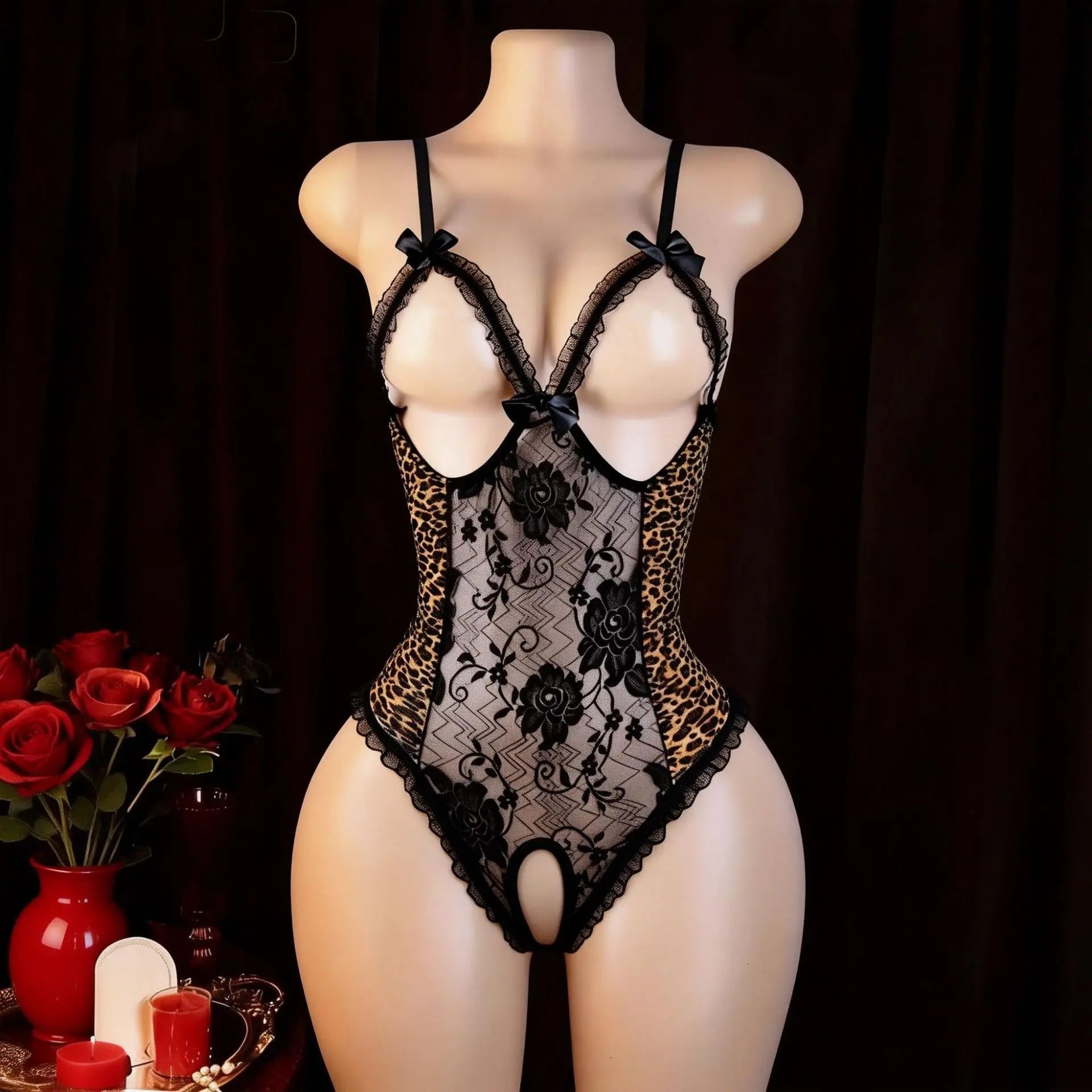 Crotchless Open Crotch Leopard Skinny Underwear Teddy Halter Backless Cross Strap Hollow Out Lingerie Set
