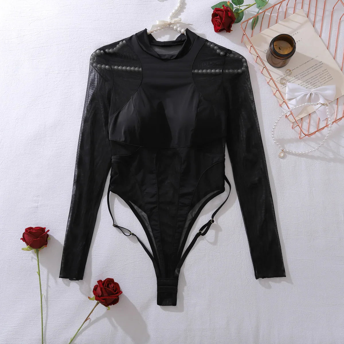 Deep V-Neck Mesh Splicing Slim Fit Soft Underwear See Through Mesh Lingerie One-Pieces Bustier
