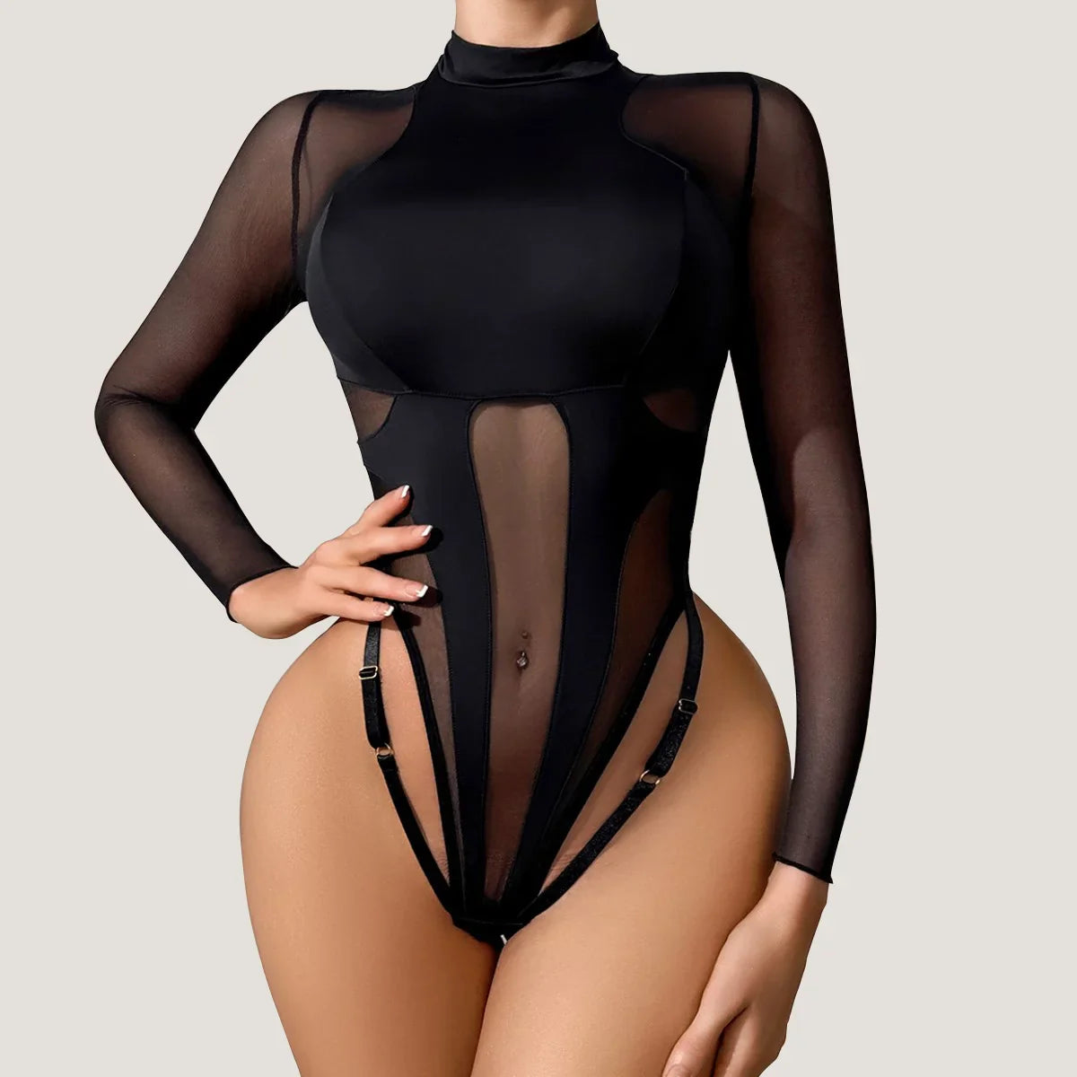 Deep V-Neck Mesh Splicing Slim Fit Soft Underwear See Through Mesh Lingerie One-Pieces Bustier