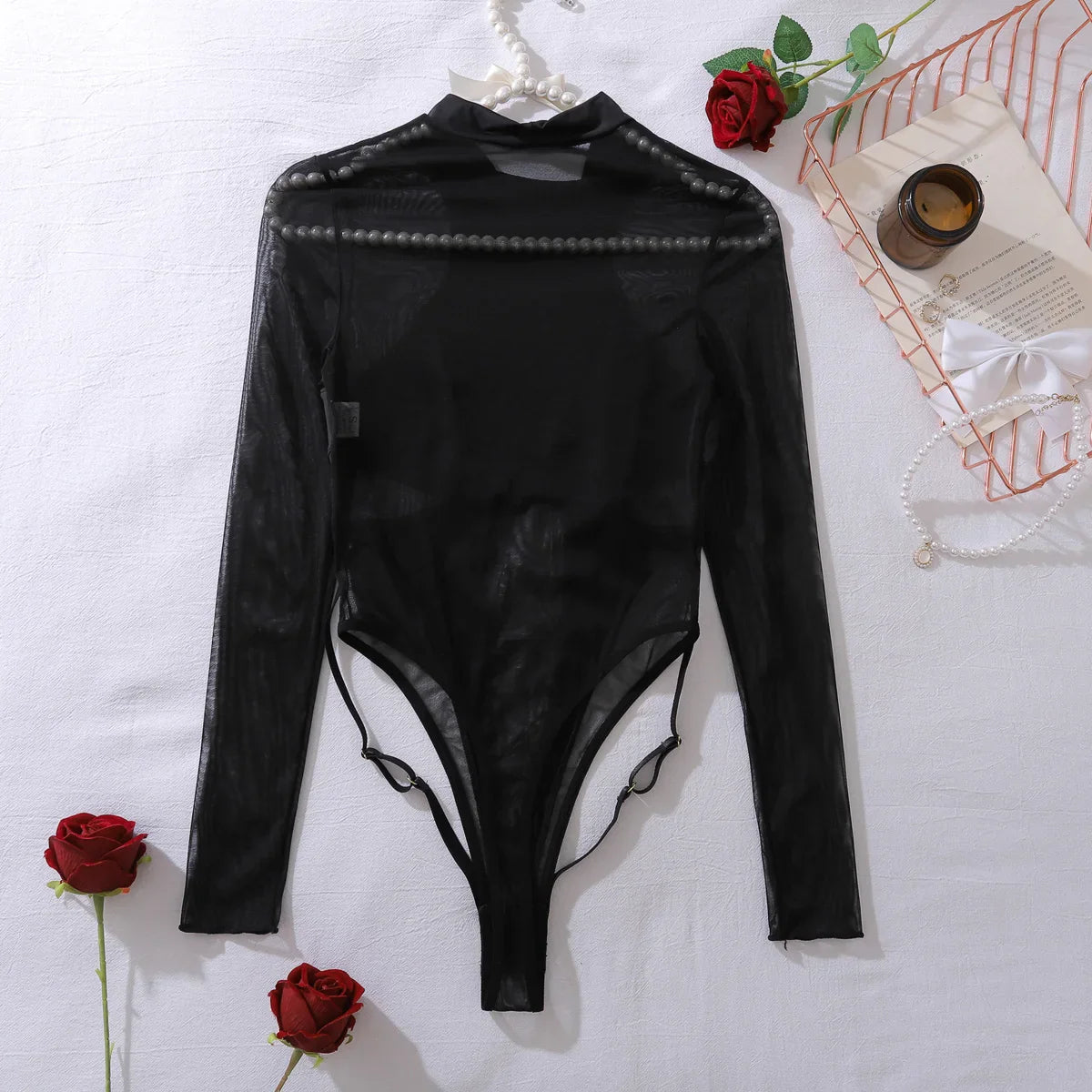 Deep V-Neck Mesh Splicing Slim Fit Soft Underwear See Through Mesh Lingerie One-Pieces Bustier