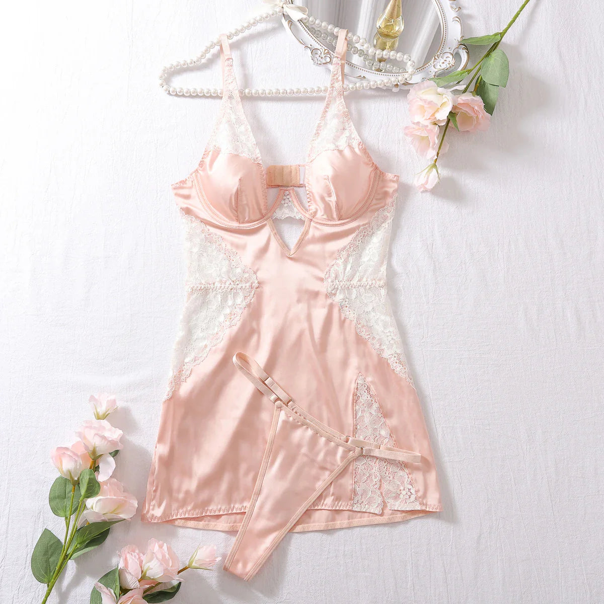 Deep-V Neck Satin Dress Lingerie Lace Patchwork Split Sissy Night Dress Slip Dress Nightwear Sensual Nightgown