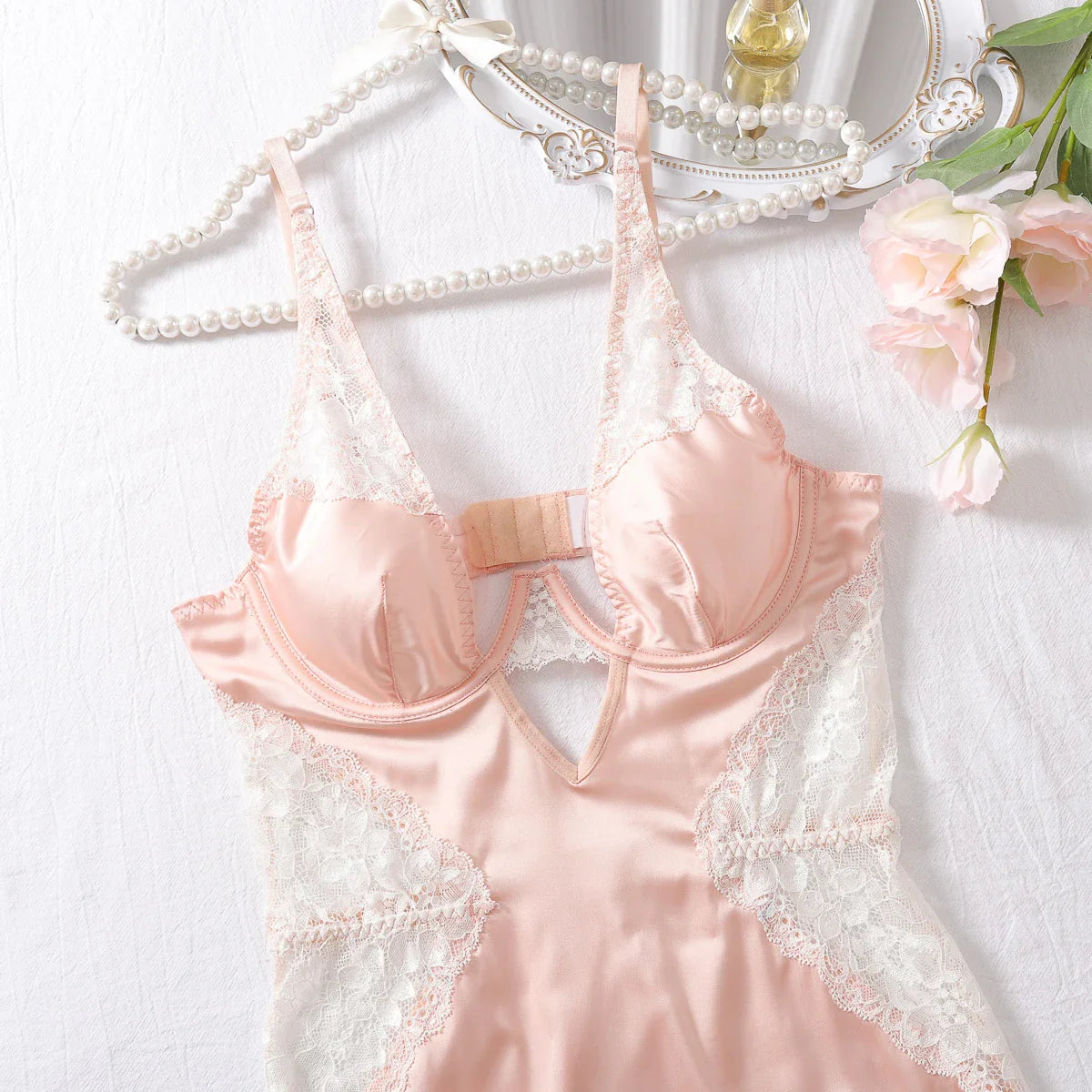 Deep-V Neck Satin Dress Lingerie Lace Patchwork Split Sissy Night Dress Slip Dress Nightwear Sensual Nightgown