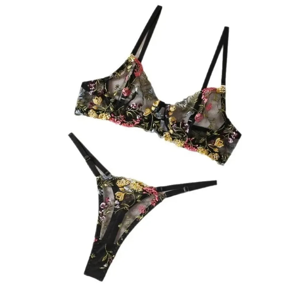 Embroidery Small Floral Color Block Underwire Bra Thong