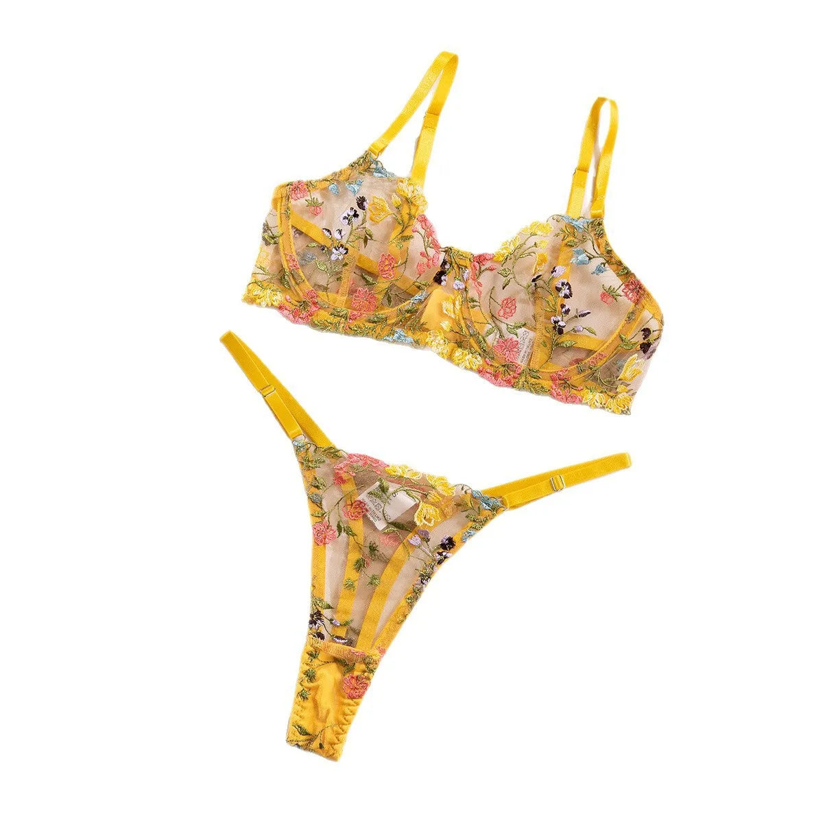 Embroidery Small Floral Color Block Underwire Bra Thong