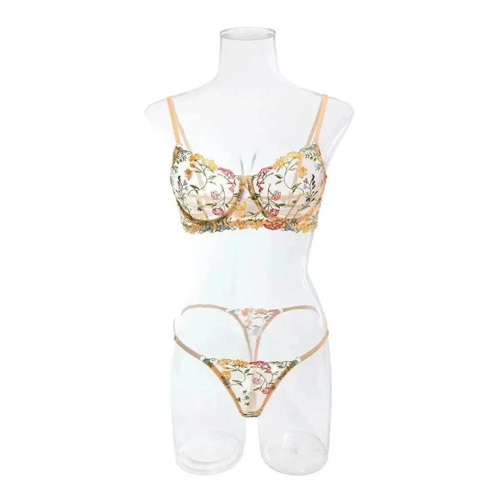 Embroidery Small Floral Color Block Underwire Bra Thong