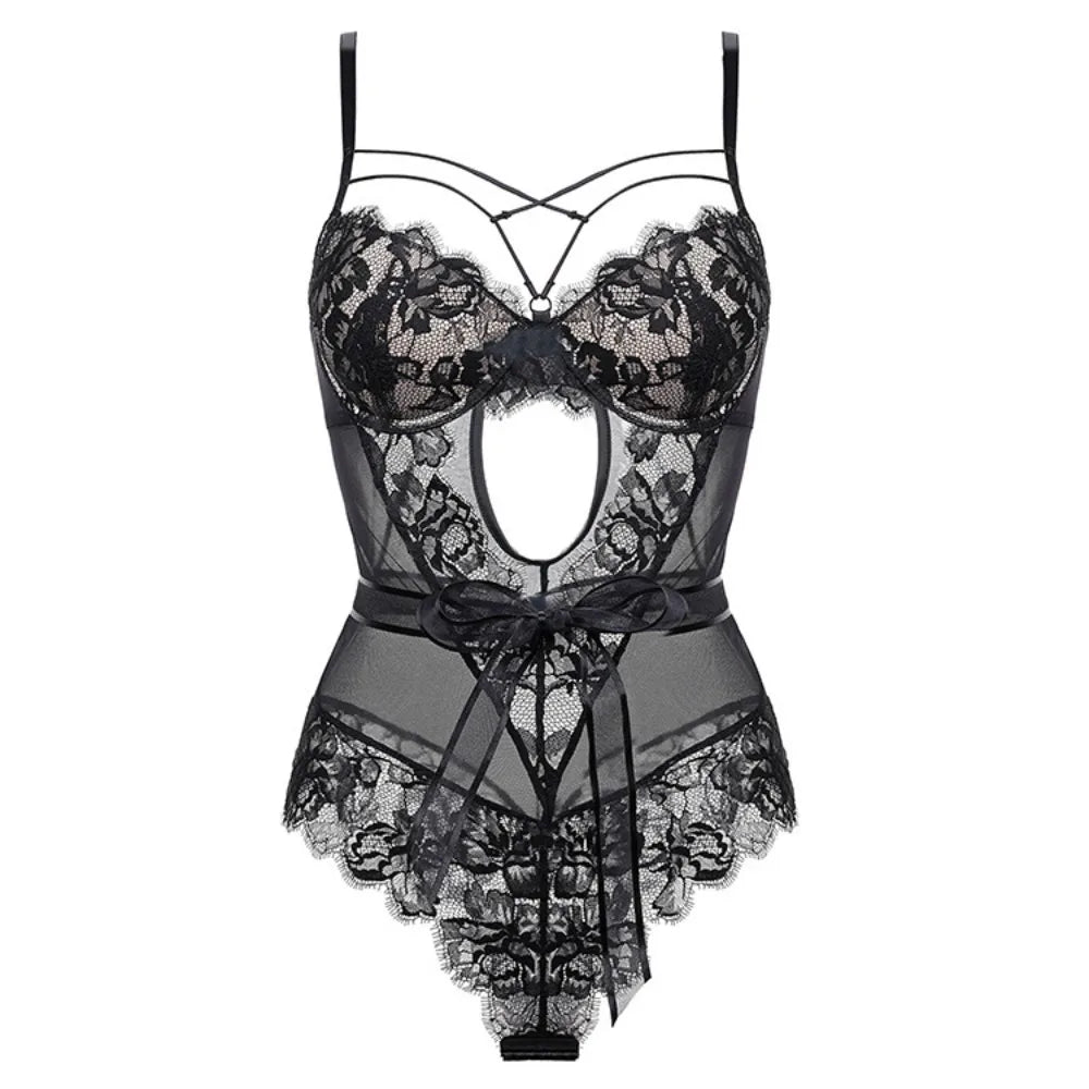 Erotic French Style Bowknot Sheer Lace Featuring Sensual Slim Fit Design Alluring See Through Lingerie