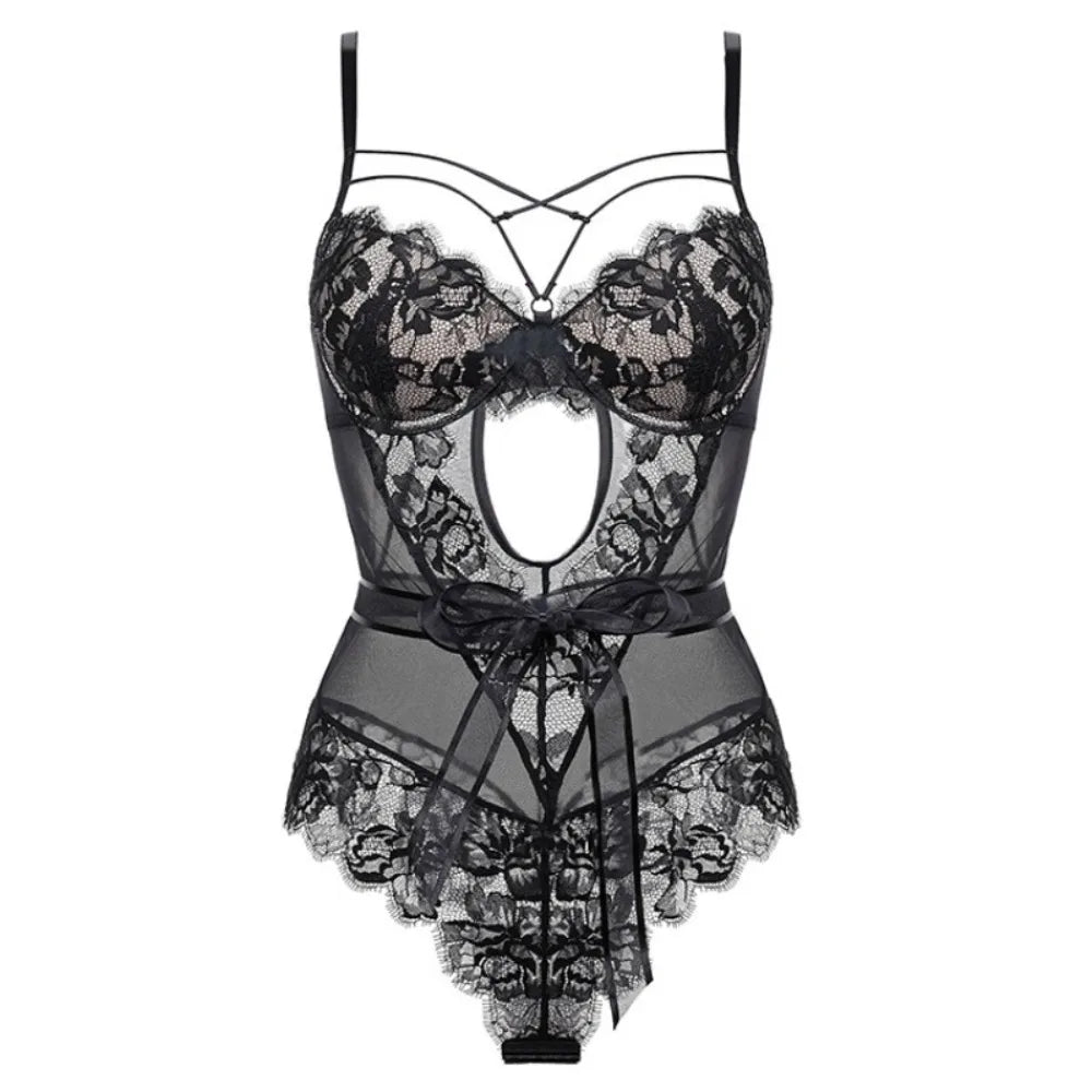 Erotic French Style Bowknot Sheer Lace Featuring Sensual Slim Fit Design Alluring See Through Lingerie