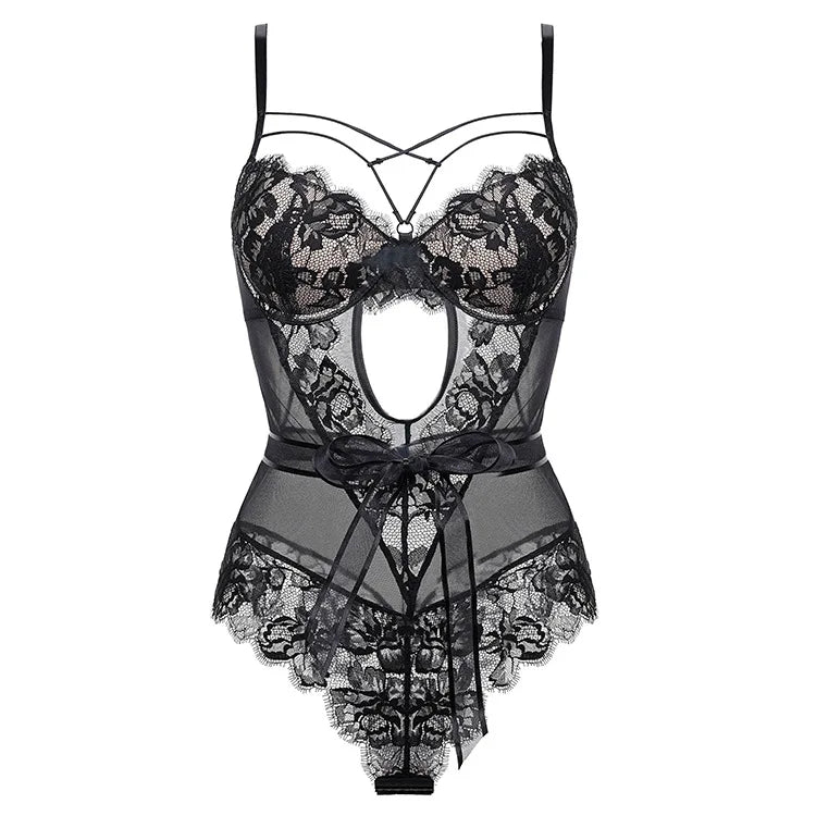 Erotic French Style Bowknot Sheer Lace Featuring Sensual Slim Fit Design Alluring See Through Lingerie