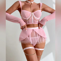 Erotic Mesh Dress 4 Piece Set Sensual Chained Halter Neck Alluring See Through Gloves Sensual Lingerie Nightdress Set