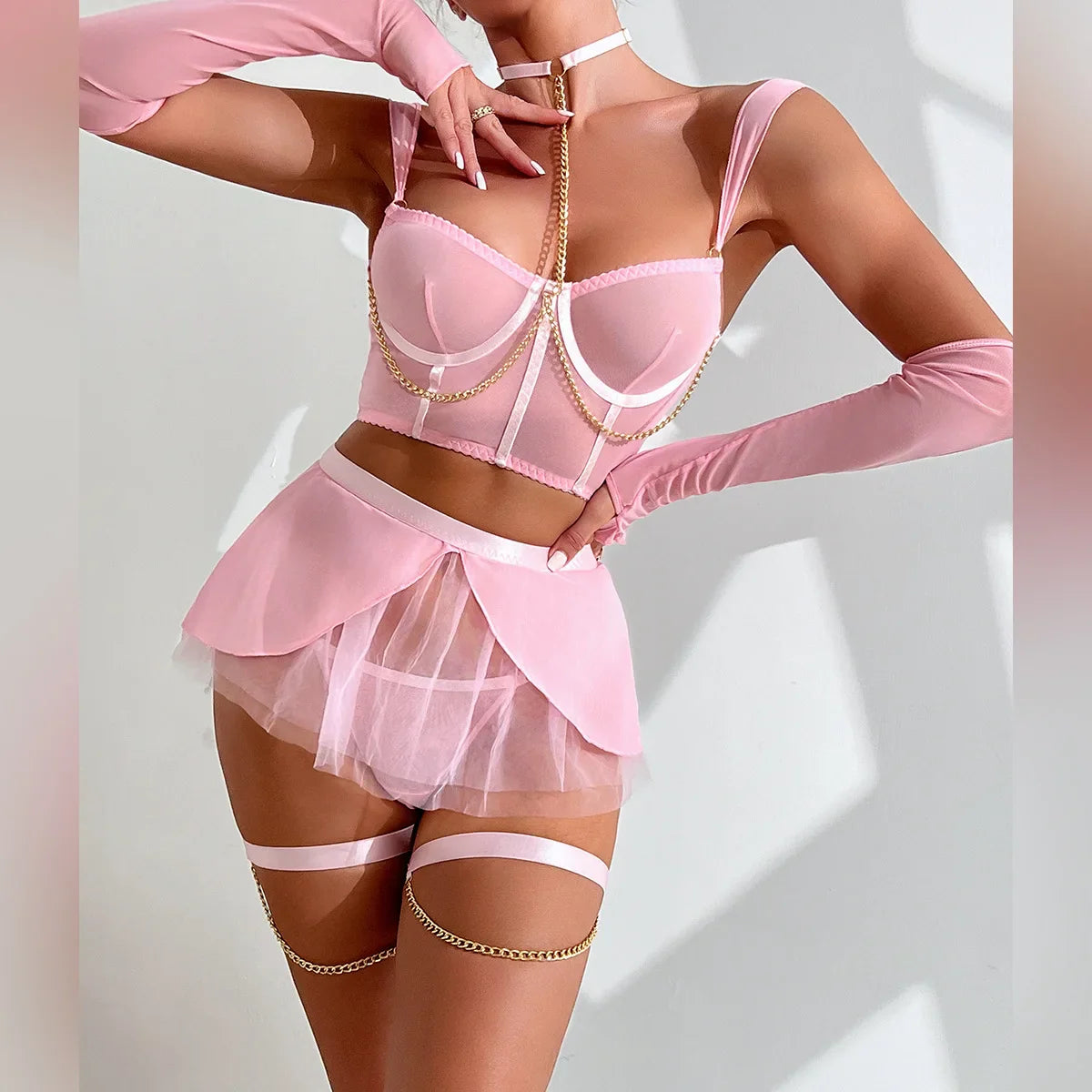 Erotic Mesh Dress 4 Piece Set Sensual Chained Halter Neck Alluring See Through Gloves Sensual Lingerie Nightdress Set