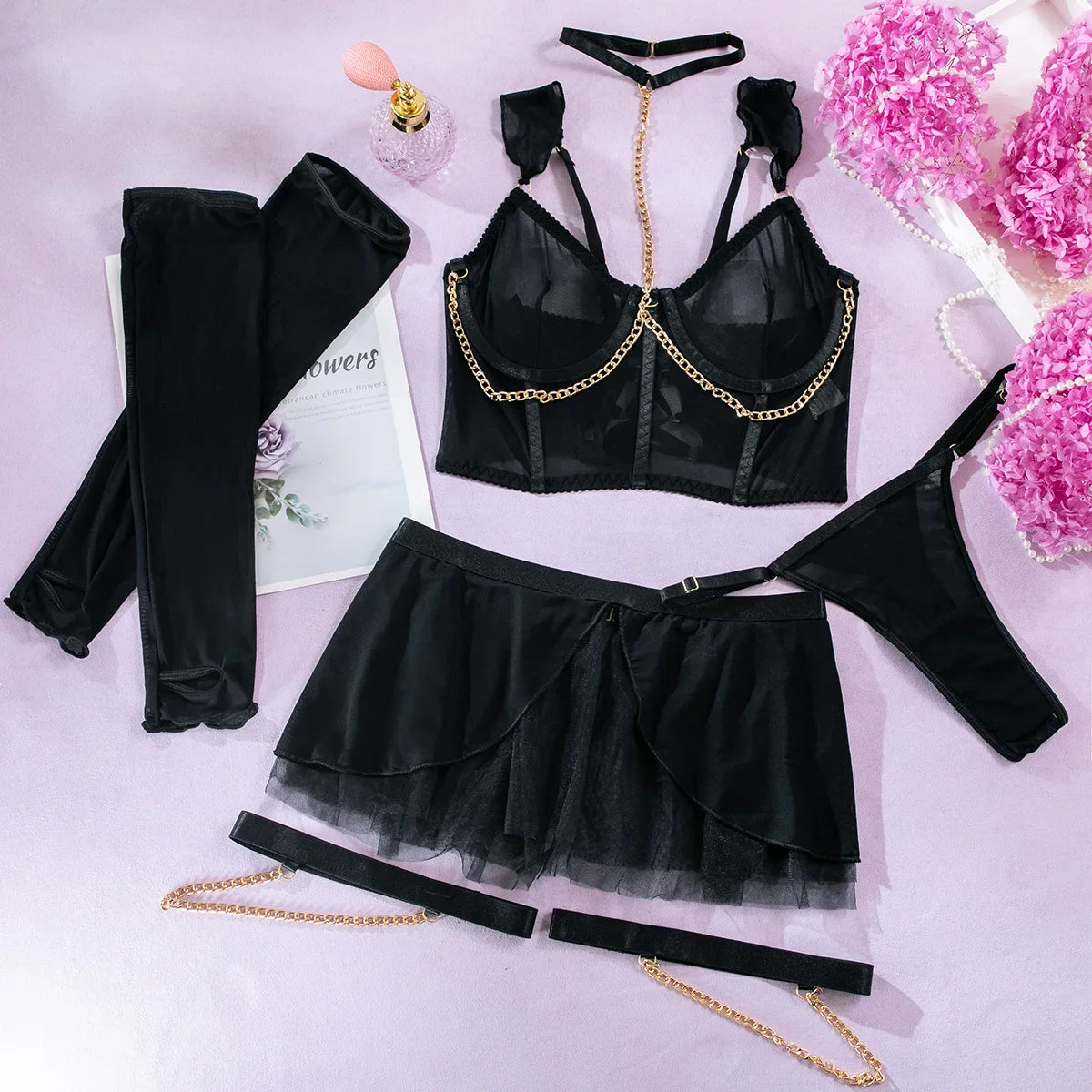Erotic Mesh Dress 4 Piece Set Sensual Chained Halter Neck Alluring See Through Gloves Sensual Lingerie Nightdress Set
