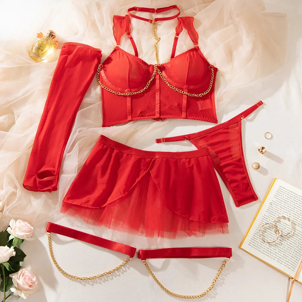 Erotic Mesh Dress 4 Piece Set Sensual Chained Halter Neck Alluring See Through Gloves Sensual Lingerie Nightdress Set