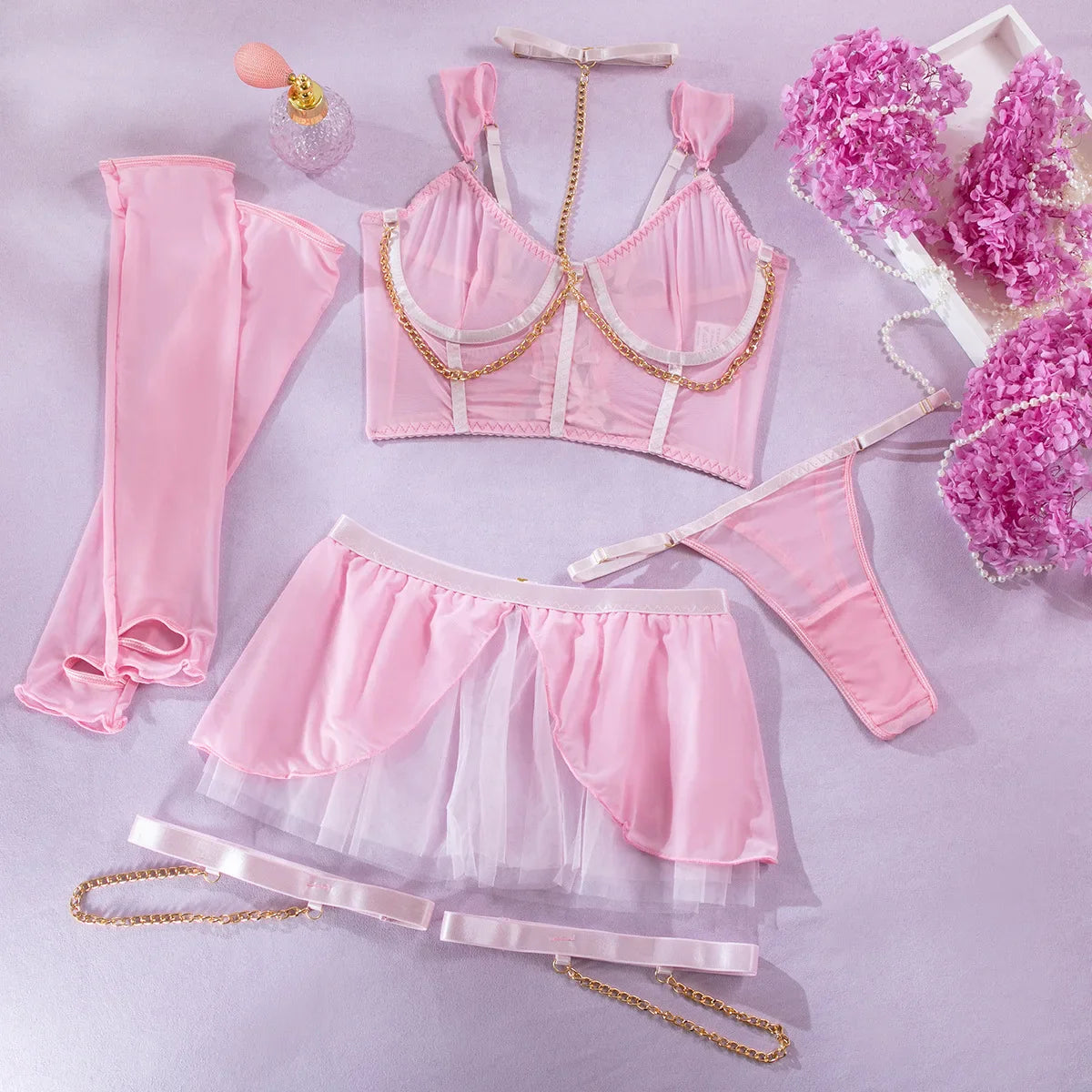 Erotic Mesh Dress 4 Piece Set Sensual Chained Halter Neck Alluring See Through Gloves Sensual Lingerie Nightdress Set