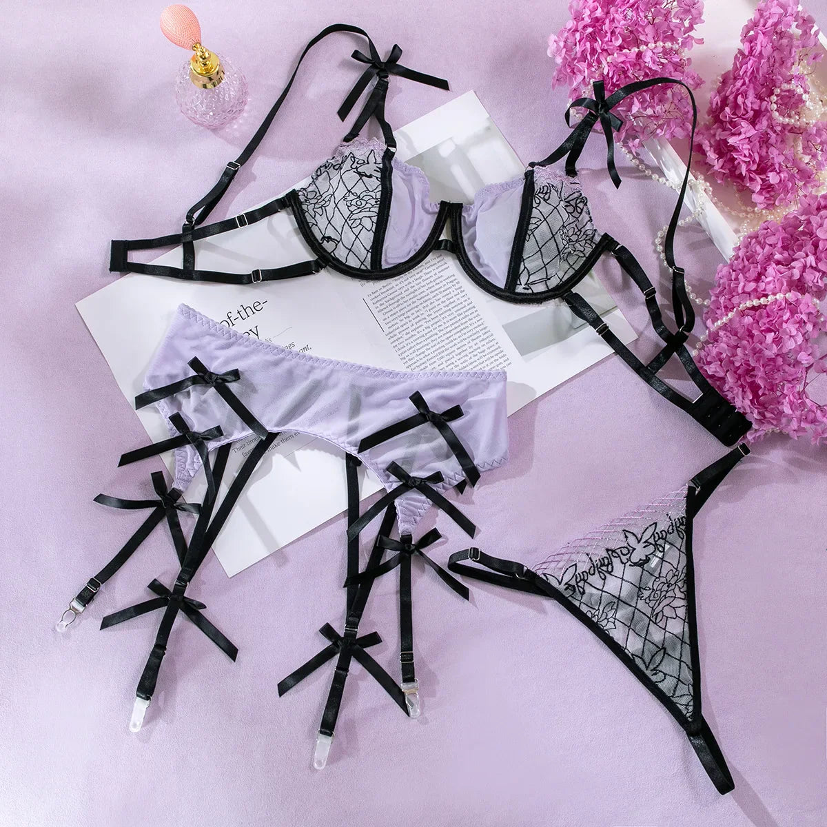 Erotics Butterfly Embroidery 3 Piece Set Sensual Mesh Patchwork Alluring See Through Nightwear Sensual Lingerie Set