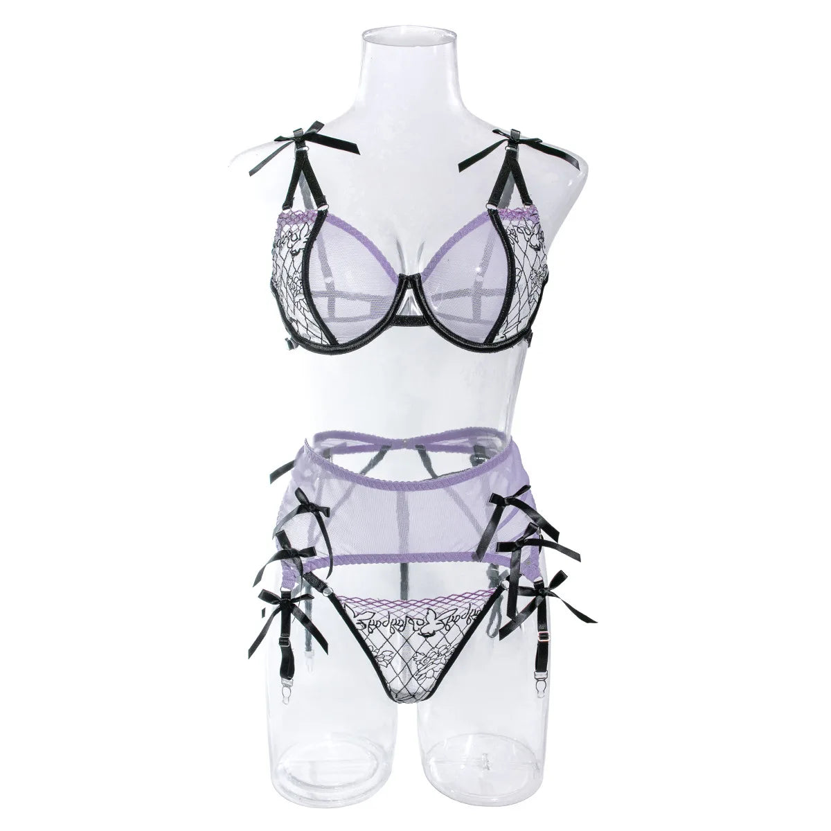 Erotics Butterfly Embroidery 3 Piece Set Sensual Mesh Patchwork Alluring See Through Nightwear Sensual Lingerie Set