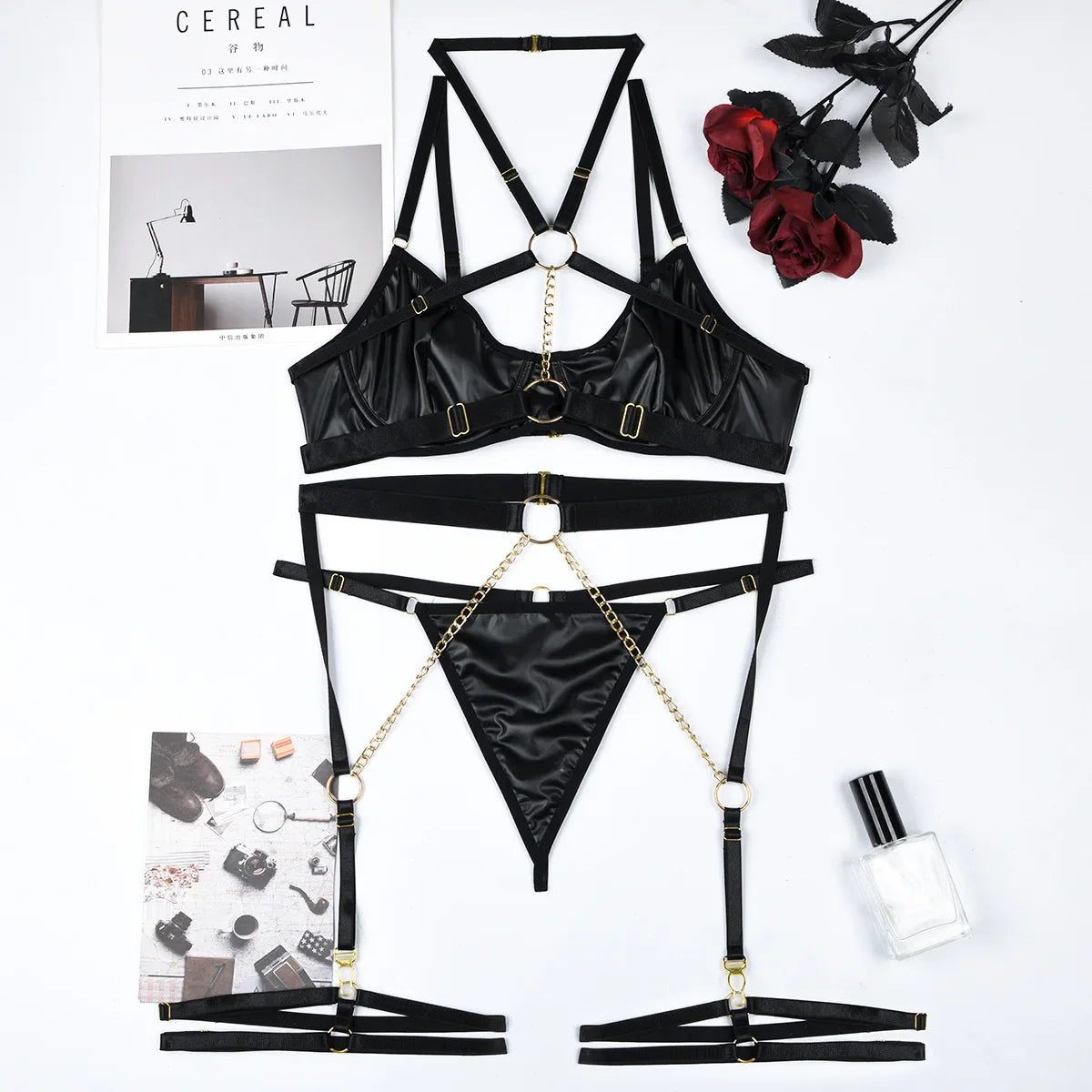 Erotics Halter Chained 3 Piece Set Sensual Mesh Patchwork Alluring Attractive Breathable Exquisite Lingerie Set