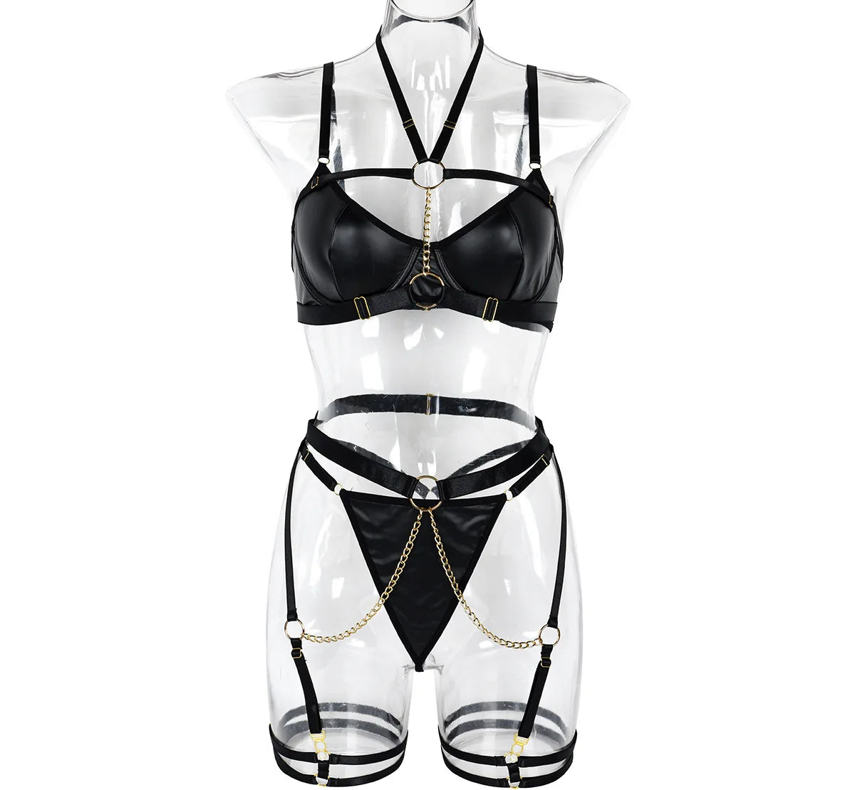 Erotics Halter Chained 3 Piece Set Sensual Mesh Patchwork Alluring Attractive Breathable Exquisite Lingerie Set