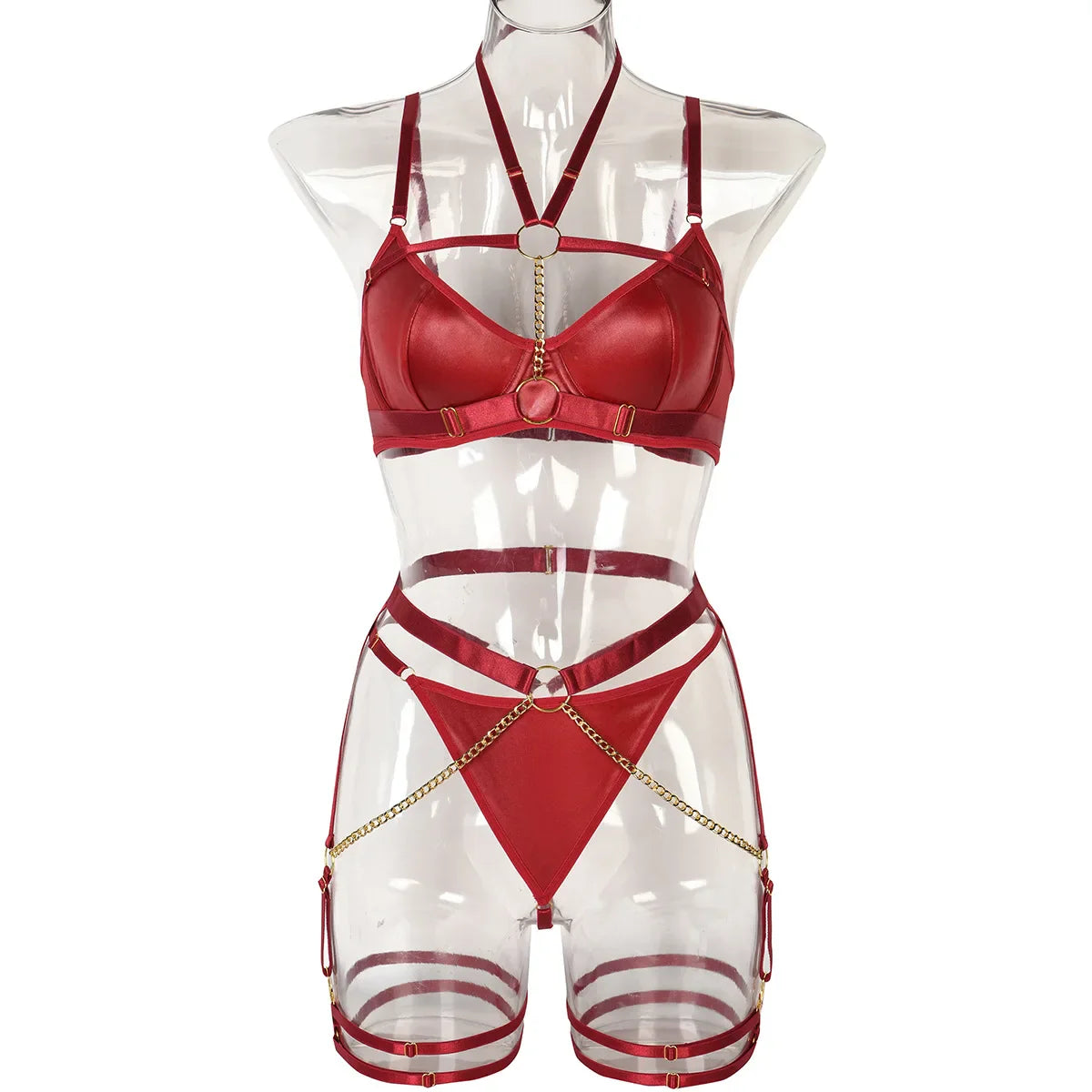 Erotics Halter Chained 3 Piece Set Sensual Mesh Patchwork Alluring Attractive Breathable Exquisite Lingerie Set