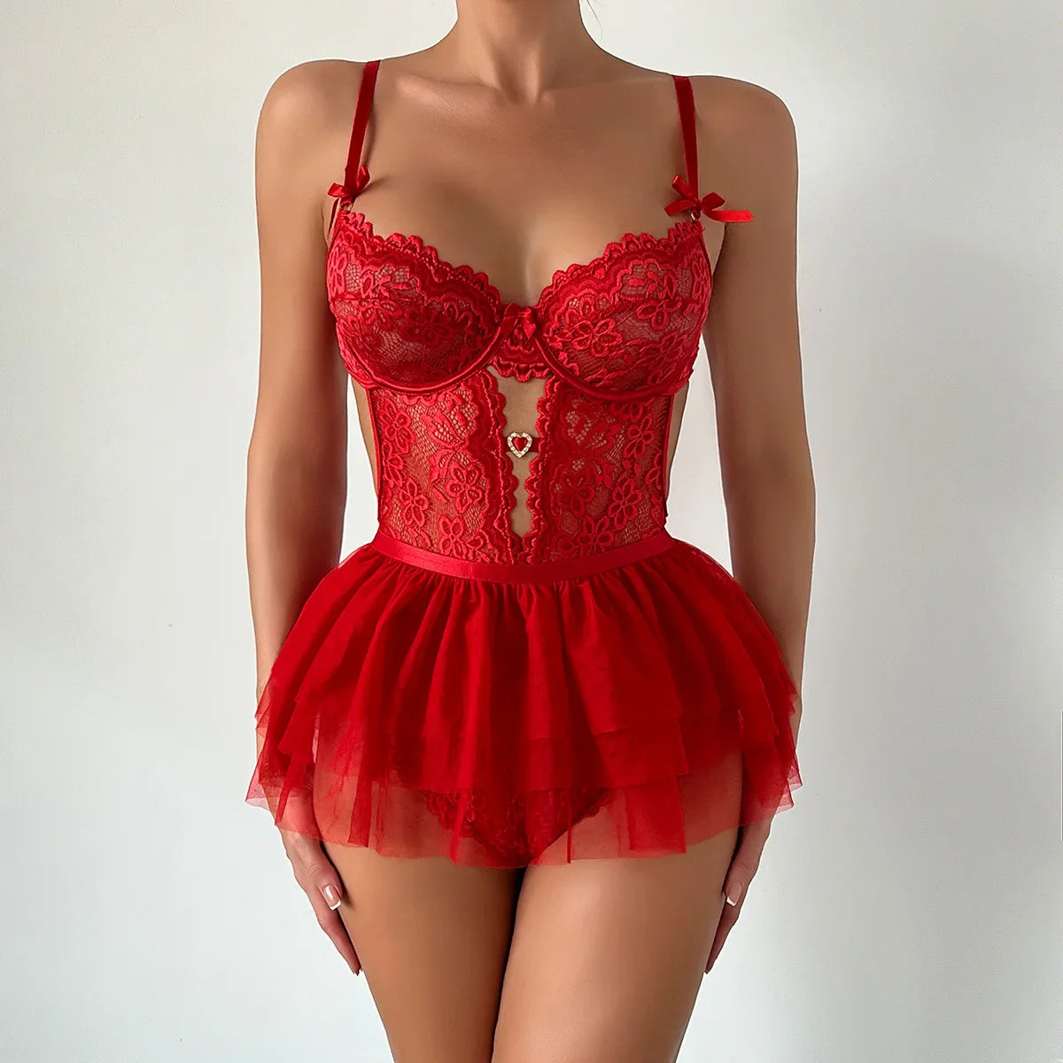 Erotics Heart Lace Sensual See Through Backless Nightwear Alluring Sensual Lingerie Nightdress